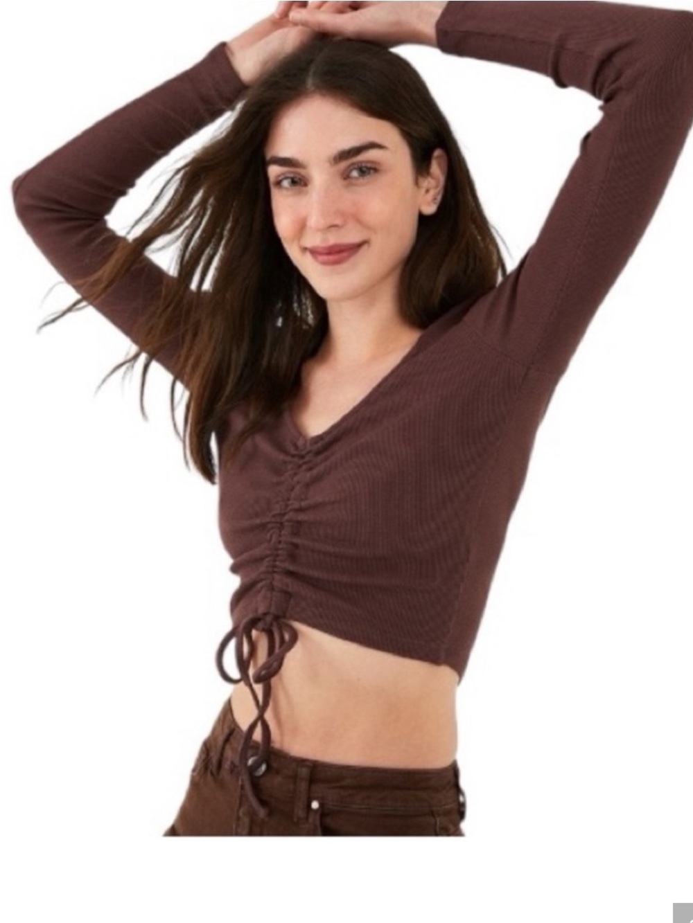 Zara Chocolate Brown Long-Sleeve Ruched Tie Crop Top